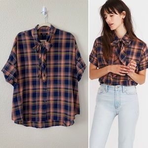 Madewell Size XL Short Sleeves Tie-Neck Junipero Plaid Shirt